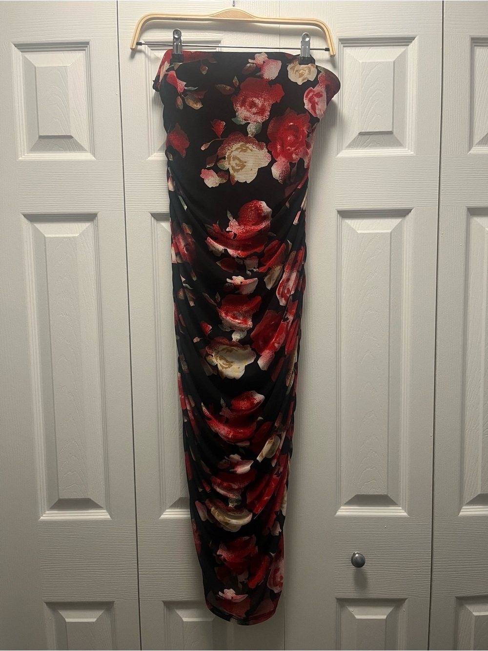 Strapless Black Maxi Dress with Red & Cream Floral Print
